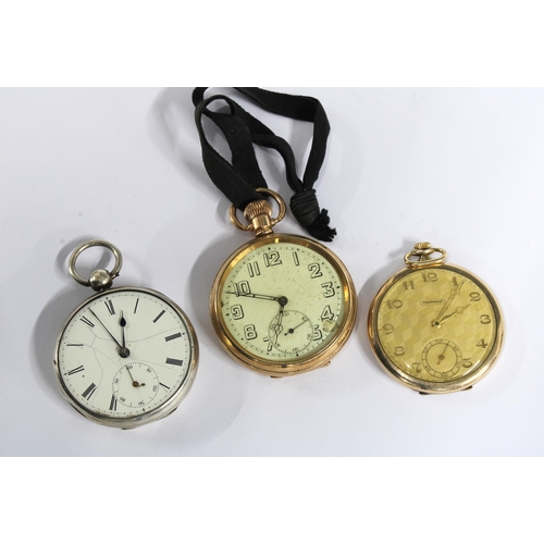 45 - Two gold plated open face pocket watches and a silver cased pocket watch (3)