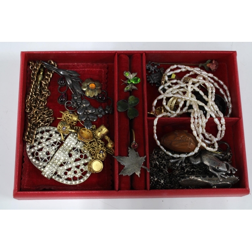 49 - Red leather jewellery case with a collection of vintage costume jewellery, etc