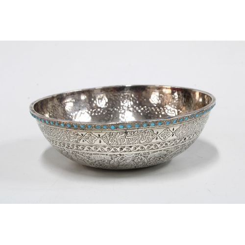 50 - Qajar white metal bowl with turquoise beaded border and intricate engraving throughout,  9.5cm