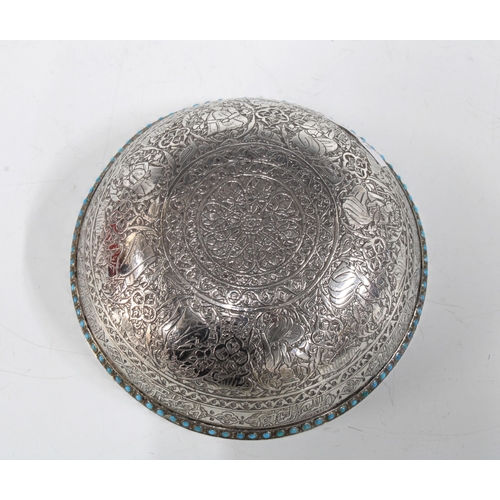 50 - Qajar white metal bowl with turquoise beaded border and intricate engraving throughout,  9.5cm