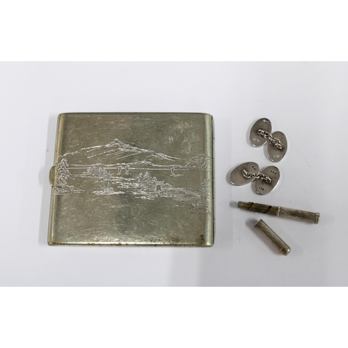 52 - Vintage silver Mount Fuji  cigarette case, stamped STERLING together with a pair of silver cufflinks... 