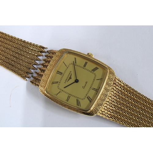 53 - Gents 9ct gold cased Longines wristwatch, with damaged gold textured strap, stamped 375