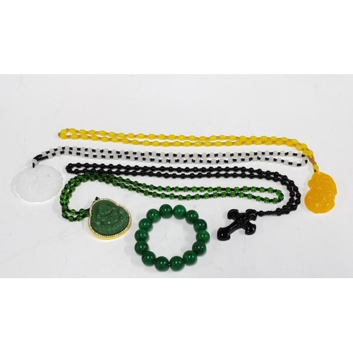 79 - Hardstone bead bracelet and faux jade pendants, etc