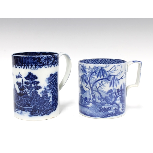 81 - Two early 19th century Staffordshire blue and white pearlware mugs, Chinese bridge and chinoiserie p... 