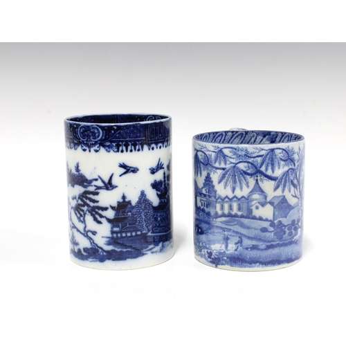 81 - Two early 19th century Staffordshire blue and white pearlware mugs, Chinese bridge and chinoiserie p... 