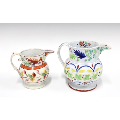 82 - 19th century pearlware floral moulded jug and another with polychrome enamel flowers pattern, both w... 