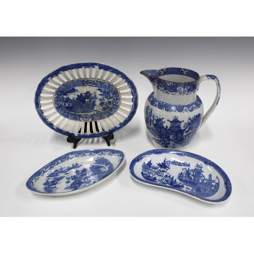 85 - A collection of blue and white pearlware tableware to include a Stevenson basket  with impressed mar... 