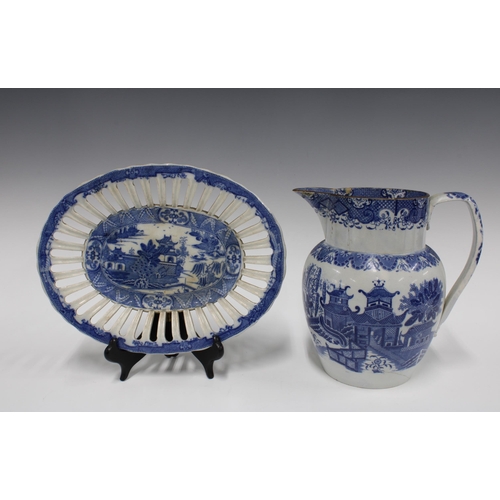 85 - A collection of blue and white pearlware tableware to include a Stevenson basket  with impressed mar... 