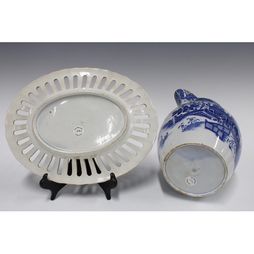 85 - A collection of blue and white pearlware tableware to include a Stevenson basket  with impressed mar... 