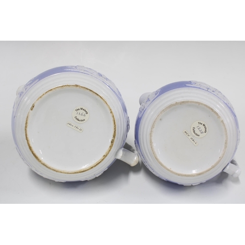 86 - A set of four Newhall graduated porcelain jugs, lavender and white with sprigged foliage and chariot... 