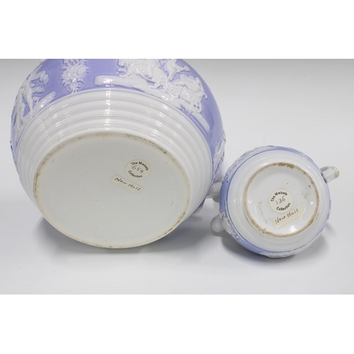 86 - A set of four Newhall graduated porcelain jugs, lavender and white with sprigged foliage and chariot... 