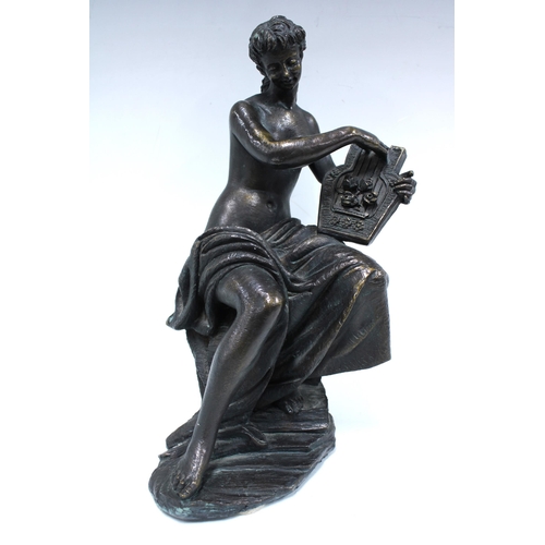 482 - Bronze patinated resin figure of a female nude with lyre, signed Senserrich 32cm