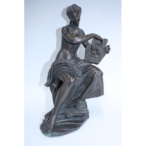 482 - Bronze patinated resin figure of a female nude with lyre, signed Senserrich 32cm