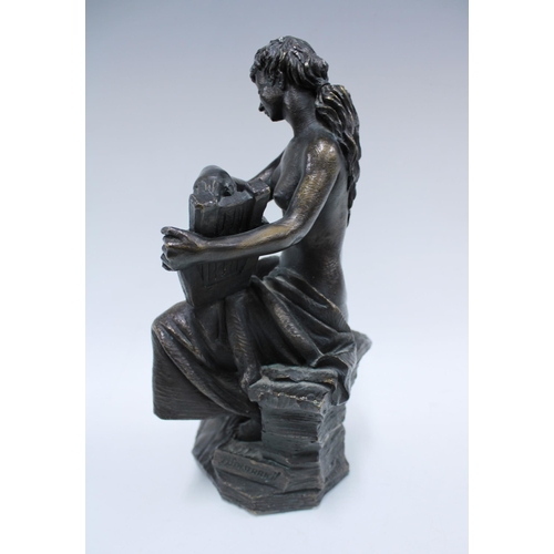 482 - Bronze patinated resin figure of a female nude with lyre, signed Senserrich 32cm