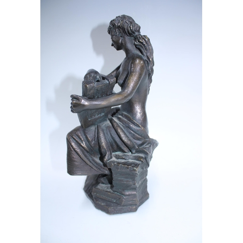 482 - Bronze patinated resin figure of a female nude with lyre, signed Senserrich 32cm