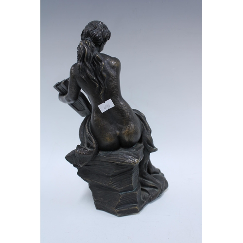482 - Bronze patinated resin figure of a female nude with lyre, signed Senserrich 32cm