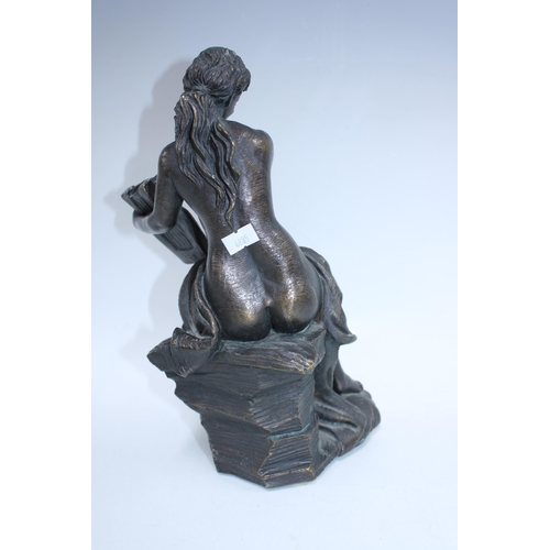 482 - Bronze patinated resin figure of a female nude with lyre, signed Senserrich 32cm