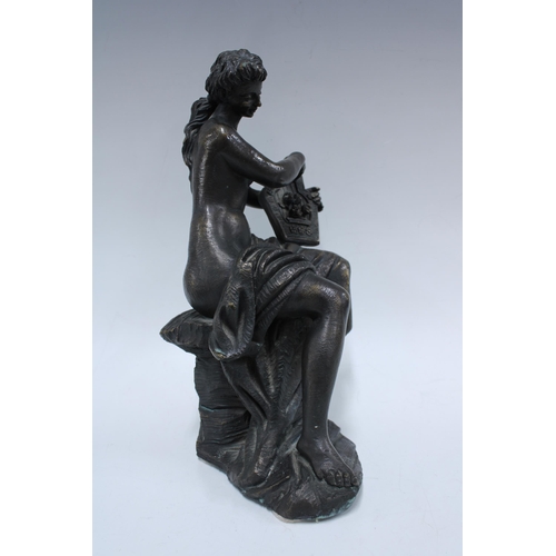 482 - Bronze patinated resin figure of a female nude with lyre, signed Senserrich 32cm