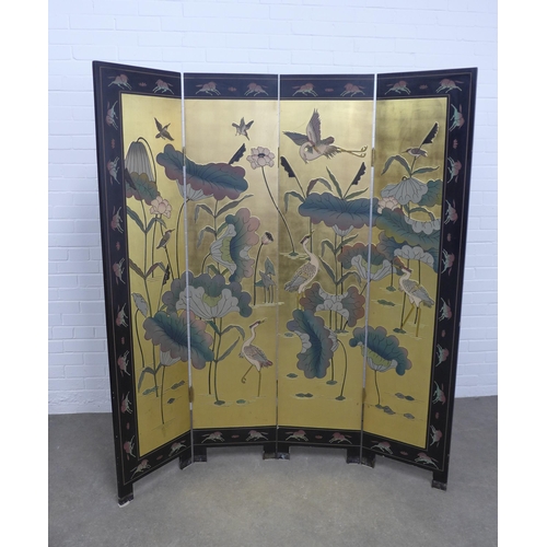 485 - Oriental black lacquered four fold dressing screen, 164 x 184cm.