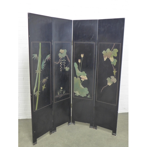 485 - Oriental black lacquered four fold dressing screen, 164 x 184cm.