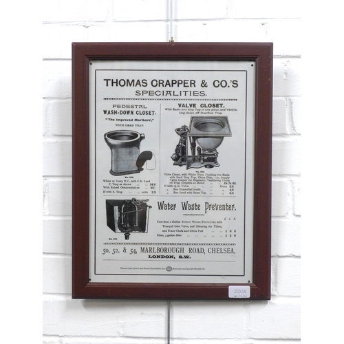 Thomas Crapper & Co. advertising sign, framed under glass, 29 x 39cm