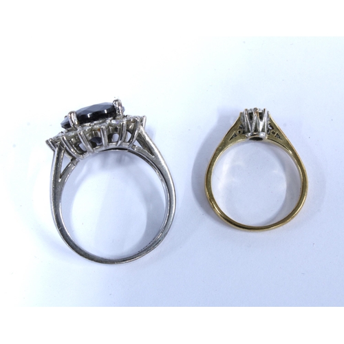 26 - 9ct gold diamond solitaire ring, stamped 375 and a silver CZ cluster ring (2)