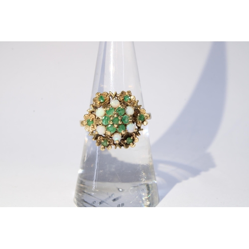 27 - 9ct gold emerald and opal cluster ring, hallmarked for London 1974