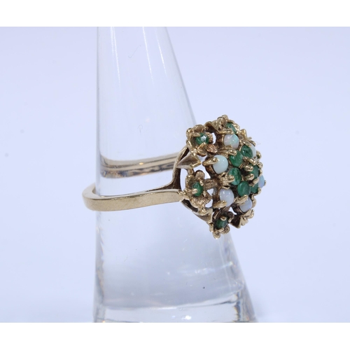 27 - 9ct gold emerald and opal cluster ring, hallmarked for London 1974