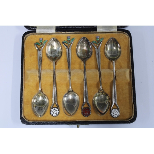 45 - Cased set of six silver and enamel teaspoons, with thistle & Tudor rose terminals, Birmingham 1937