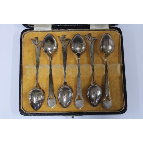 45 - Cased set of six silver and enamel teaspoons, with thistle & Tudor rose terminals, Birmingham 1937