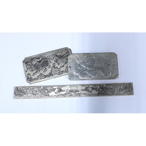 60 - Eastern white metal Ox and cart with figures, 22cm long and three Chinese white metal plaques (4)