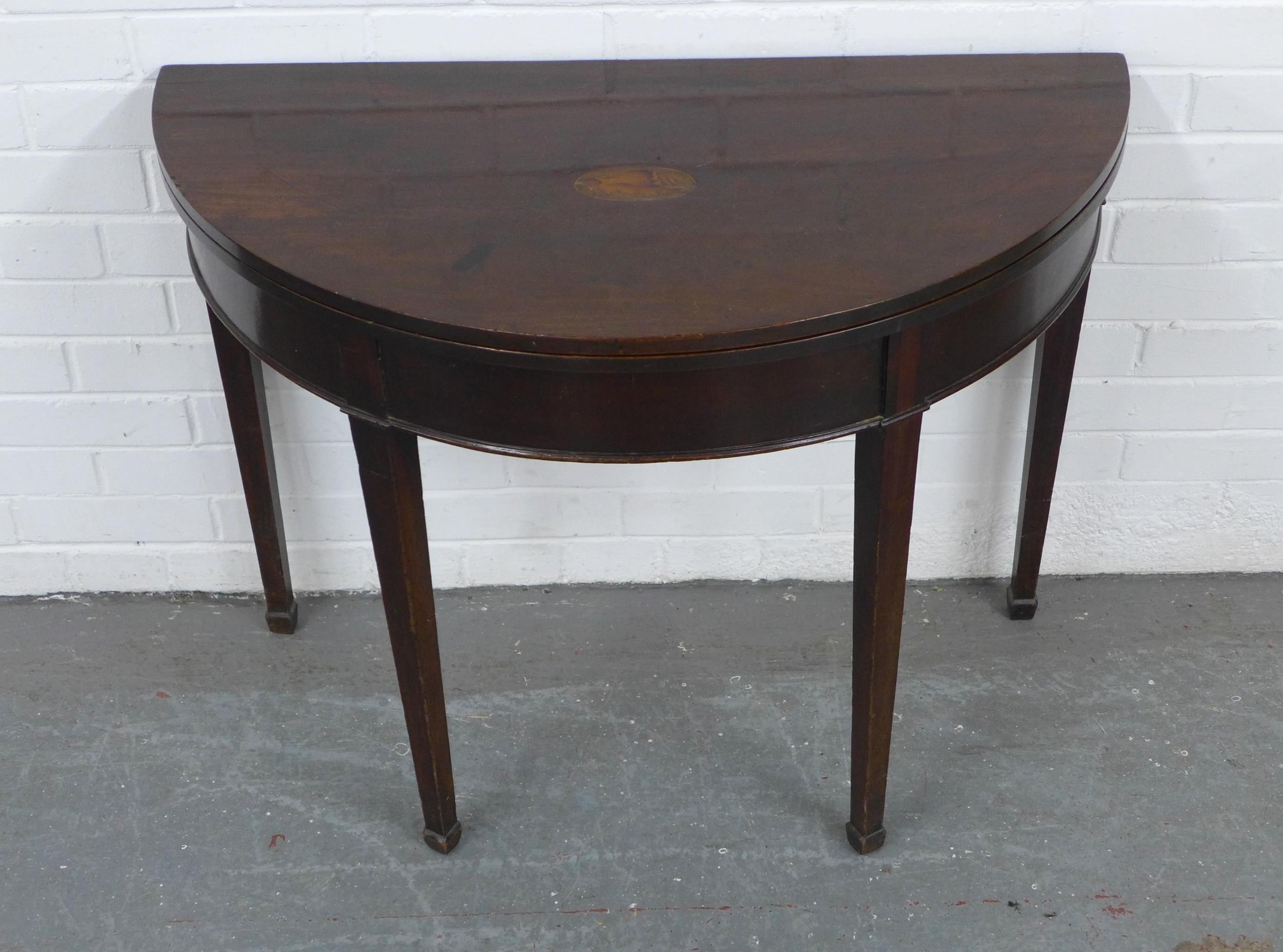 Mahogany demi-lune fold over table with inlaid shell paterae, 92 x 70 x ...