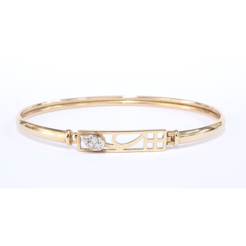 12 - 9ct gold Mackintosh style bangle set with diamonds, hallmarked 375