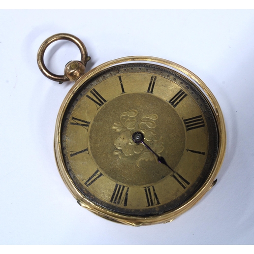 31 - Ladies gold open face fob watch, dust cover with indistinct marks and suspension loop marked 18CT ( ... 