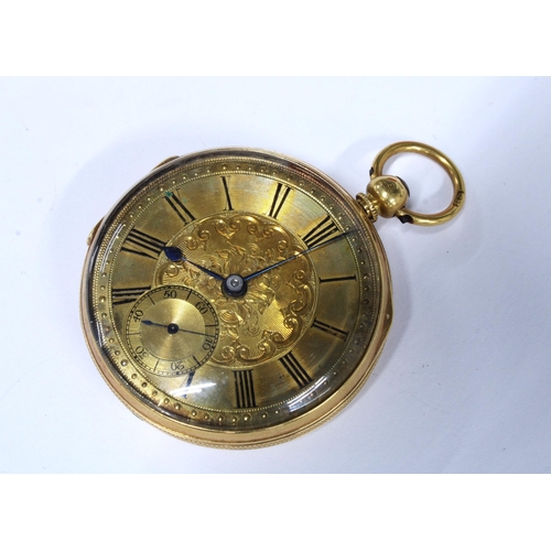 31 - Ladies gold open face fob watch, dust cover with indistinct marks and suspension loop marked 18CT ( ... 