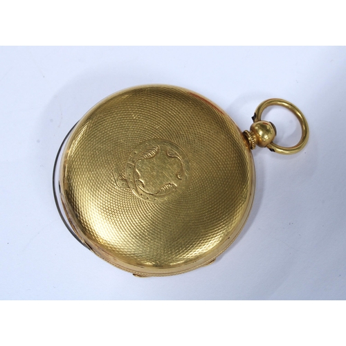 31 - Ladies gold open face fob watch, dust cover with indistinct marks and suspension loop marked 18CT ( ... 