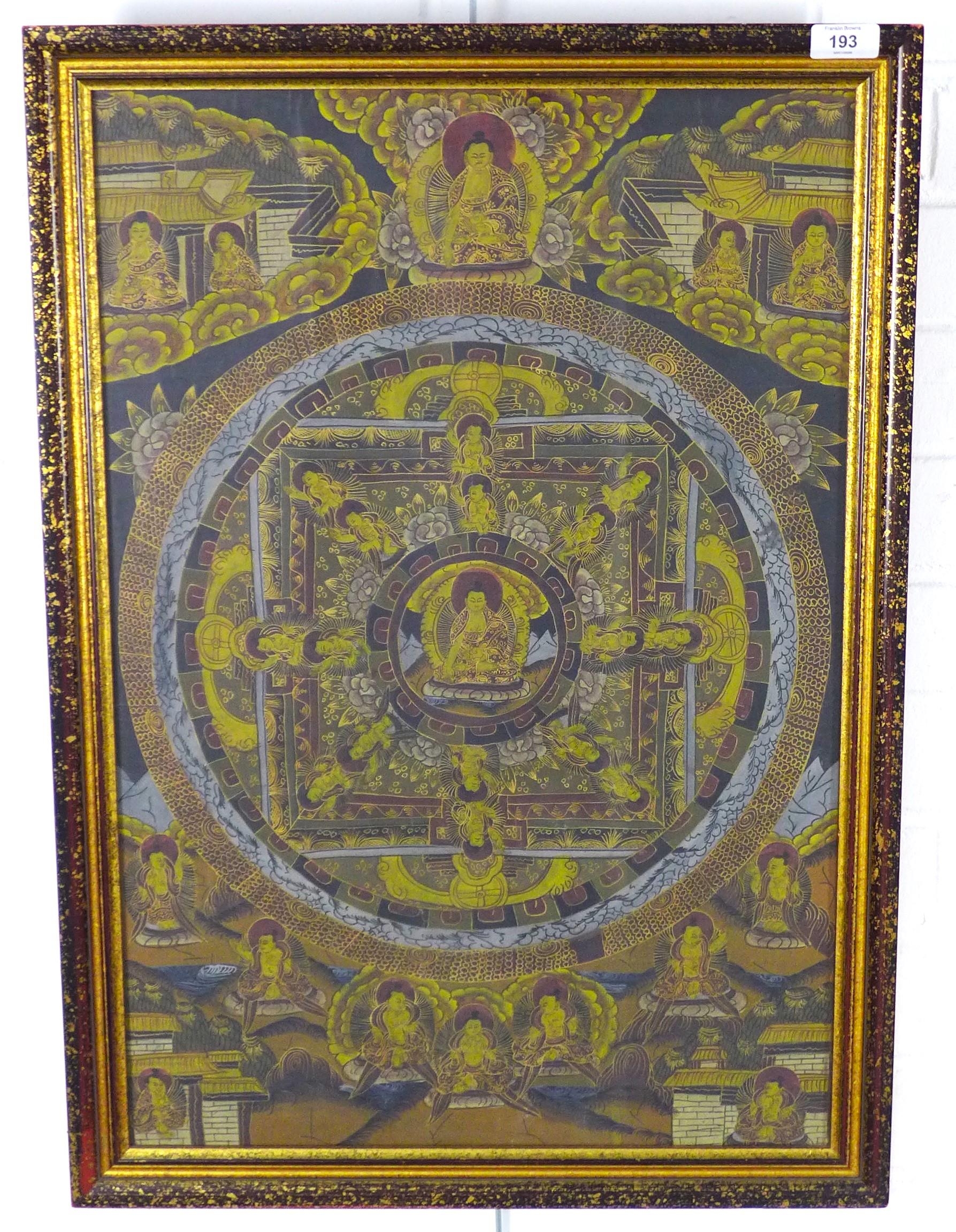 Vintage Tibetan painted Thangka, framed under glass, 43 x 64cm