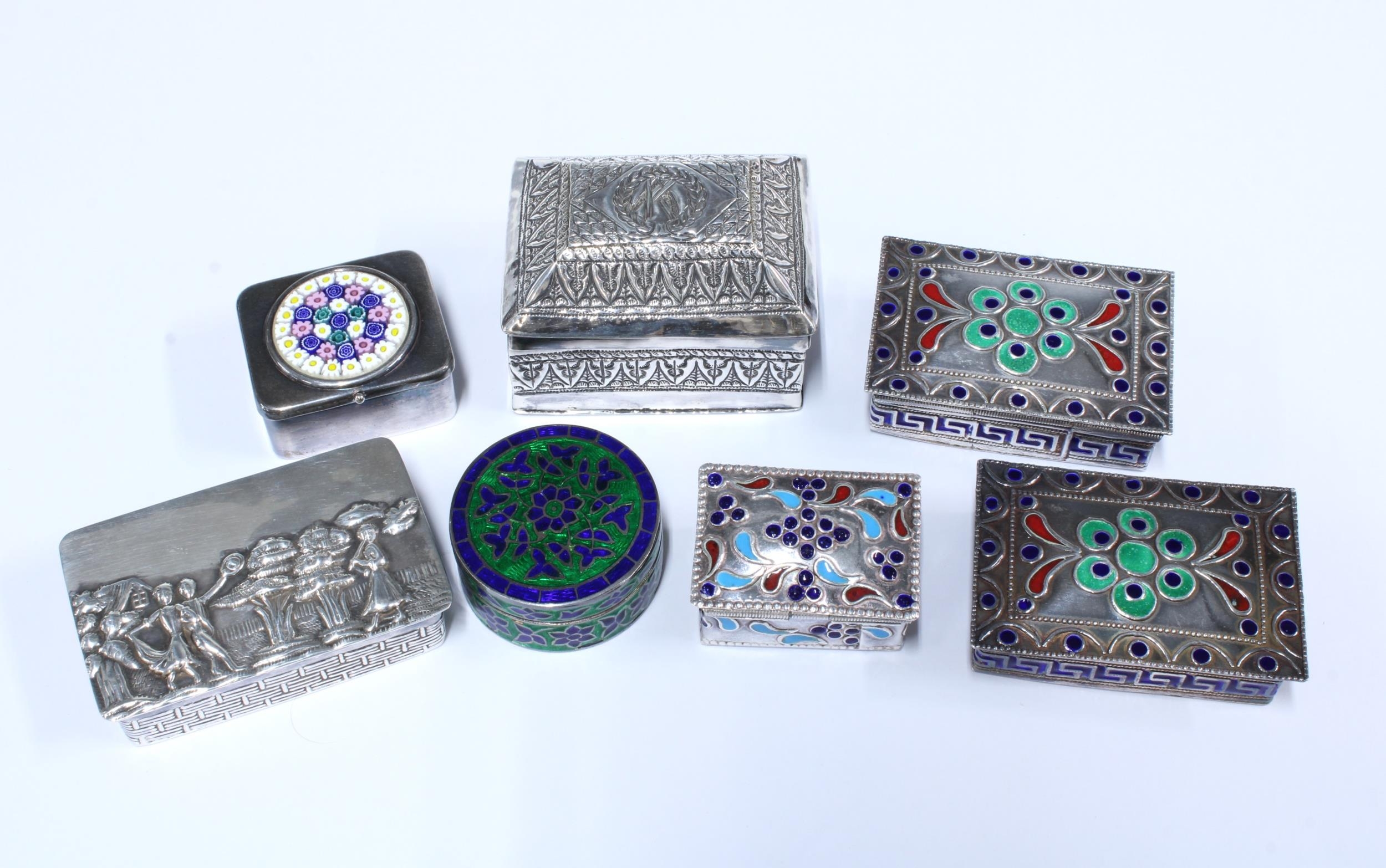 A collection of six silver boxes and one white metal box, largest 5 x ...