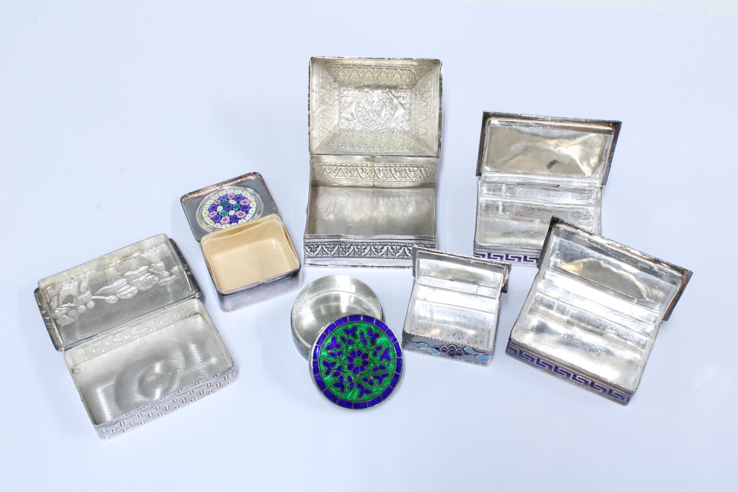 A collection of six silver boxes and one white metal box, largest 5 x ...