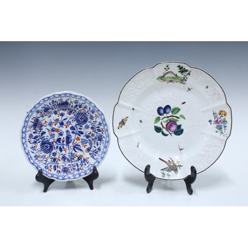 105 - Continental porcelain plate with moulded fruit and vine decorated with fruit, insects, a cat etc, 25... 