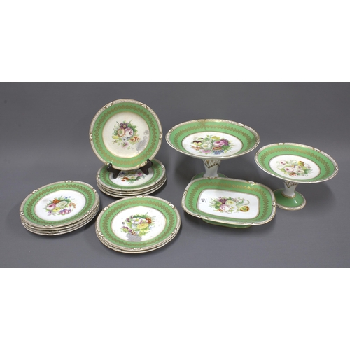124 - English dessert service with greek key border on a green ground, including plates and three pedestal... 