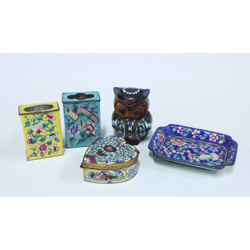 130 - Collection of small enamel items to include two matchbox covers, trinket box , a rectangular tray, a... 
