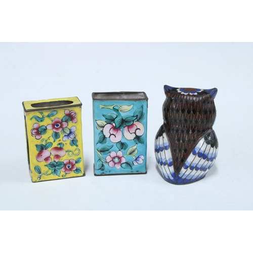 130 - Collection of small enamel items to include two matchbox covers, trinket box , a rectangular tray, a... 