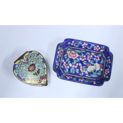 130 - Collection of small enamel items to include two matchbox covers, trinket box , a rectangular tray, a... 