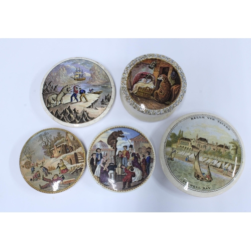 135 - Collection of four Prattware pot lids, largest 10cm, together with a Prattware pot a/f with lid repa... 
