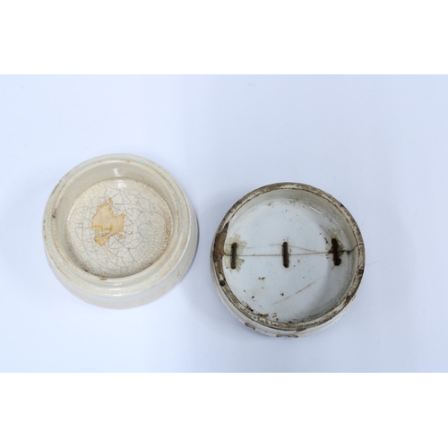 135 - Collection of four Prattware pot lids, largest 10cm, together with a Prattware pot a/f with lid repa... 