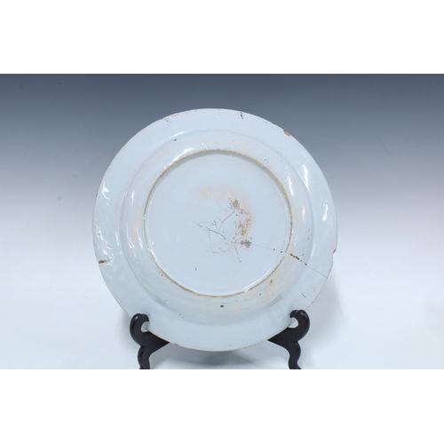 136 - Two large 18th century Delft blue and white tin glazed chargers / plates, together with a smaller ti... 