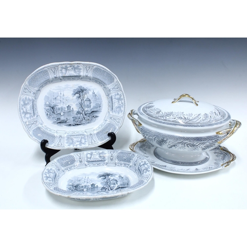 137 - Staffordshire 'Danish' fern pattern tureen with cover and stand, 35cm wide, together with a Bosphoro... 