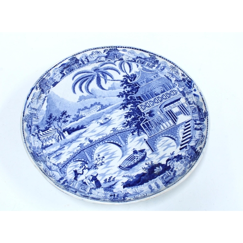 143 - 19th century Staffordshire W&B blue and white pedestal serving plate, 31 x 5cm, a/f with rim restora... 