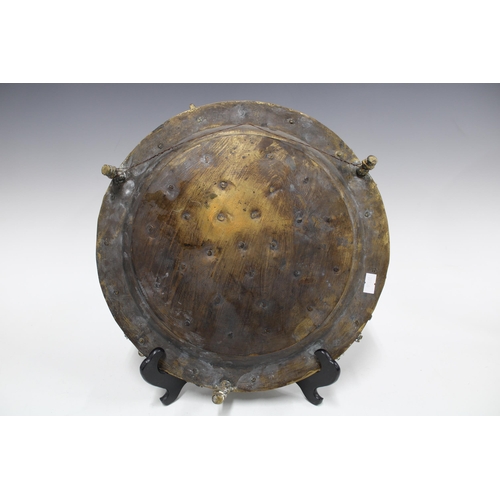 344 - Brass tripod footed tray relief decorated with animals, 33cm, together with a copper pierced floral ... 